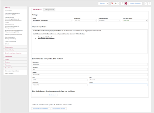 Neue Anfrage mit ausgefüllten Stammdaten