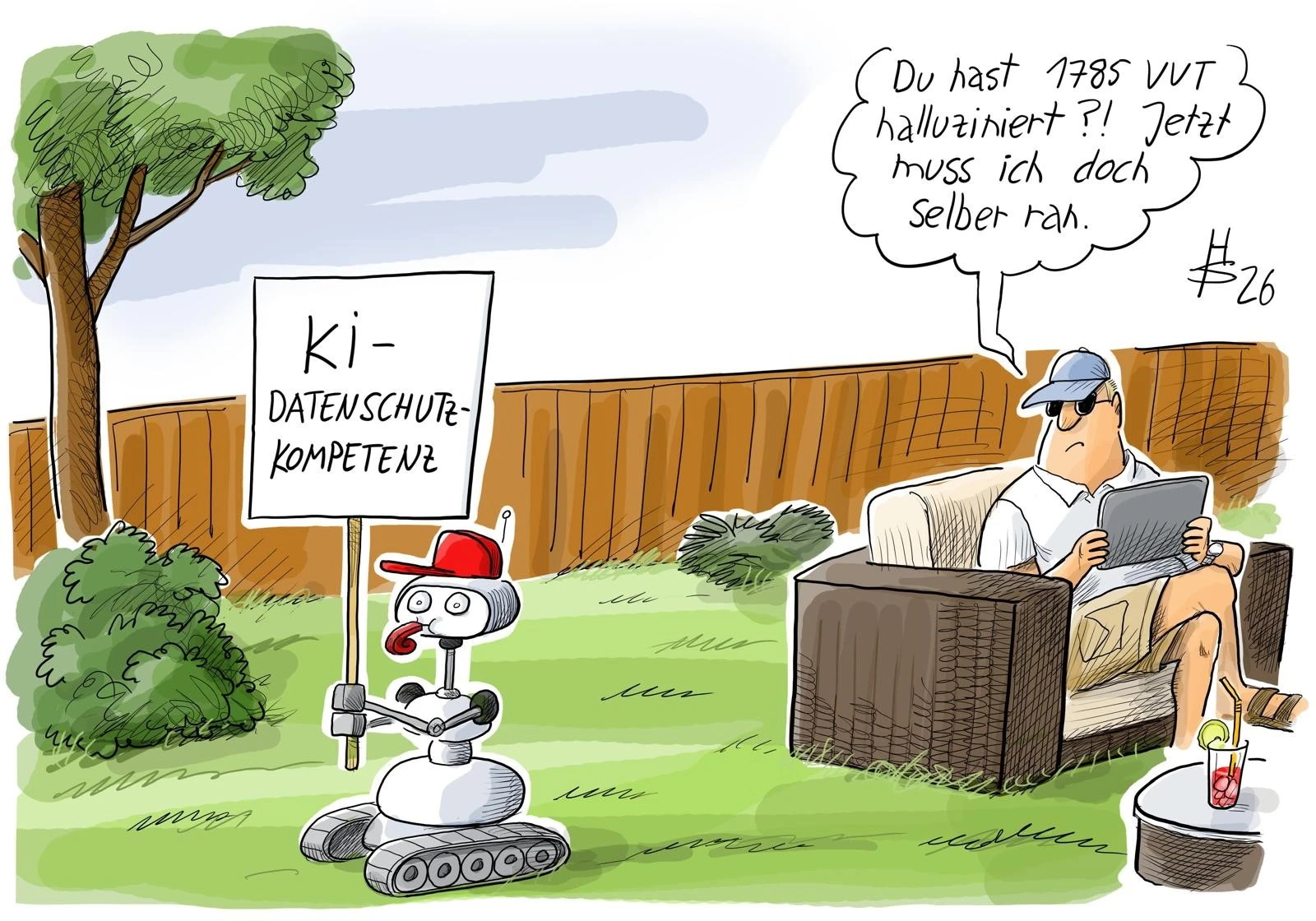 KI-Datenschutz Karikatur: Roboter mit KI-Datenschutzkompetenz-Schild und Person, die über VVT-Halluzinationen nachdenkt