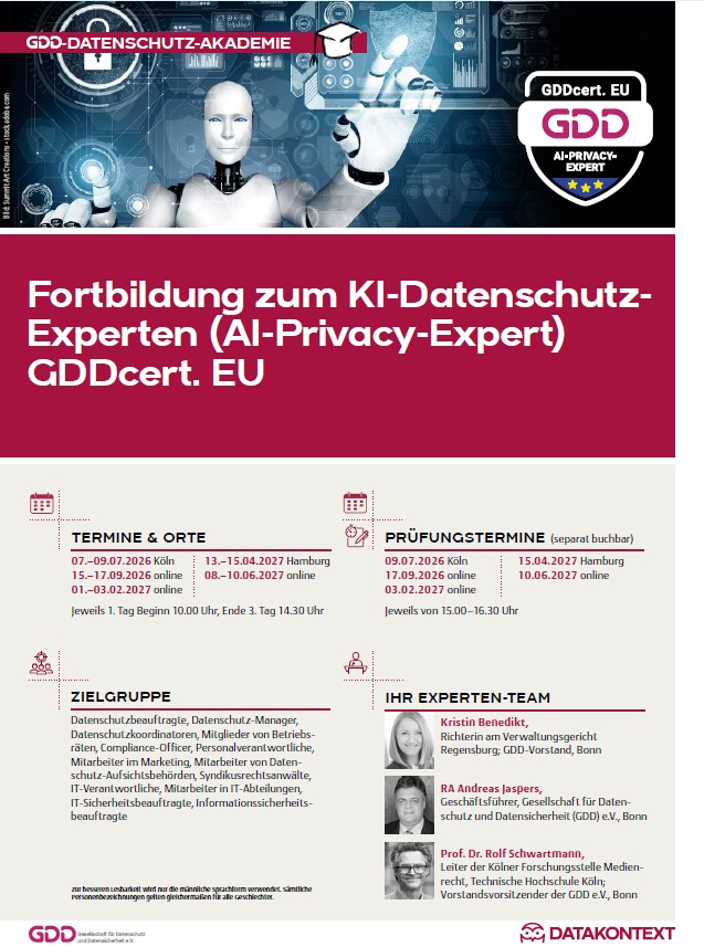 Fortbildung zum KI-Datenschutz-Experten (AI-Privacy-Expert) GDDcert. EU