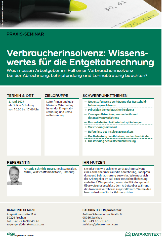Verbraucherinsolvenz: Wissenswertes für die Entgeltabrechnung