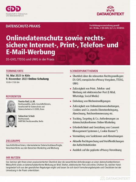 Onlinedatenschutz sowie rechtssichere Internet-, Print-, Telefon- und E-Mail-Werbung