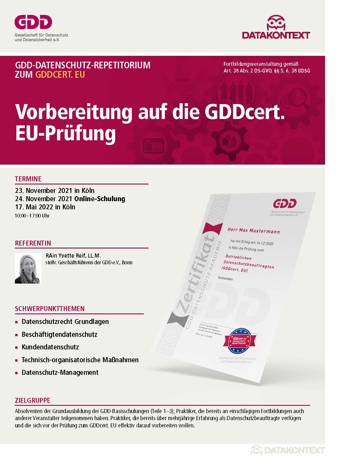 Datenschutz-Repetitorium zum GDDcert EU: Vorbereitung auf die GDDcert. EU-Prüfung