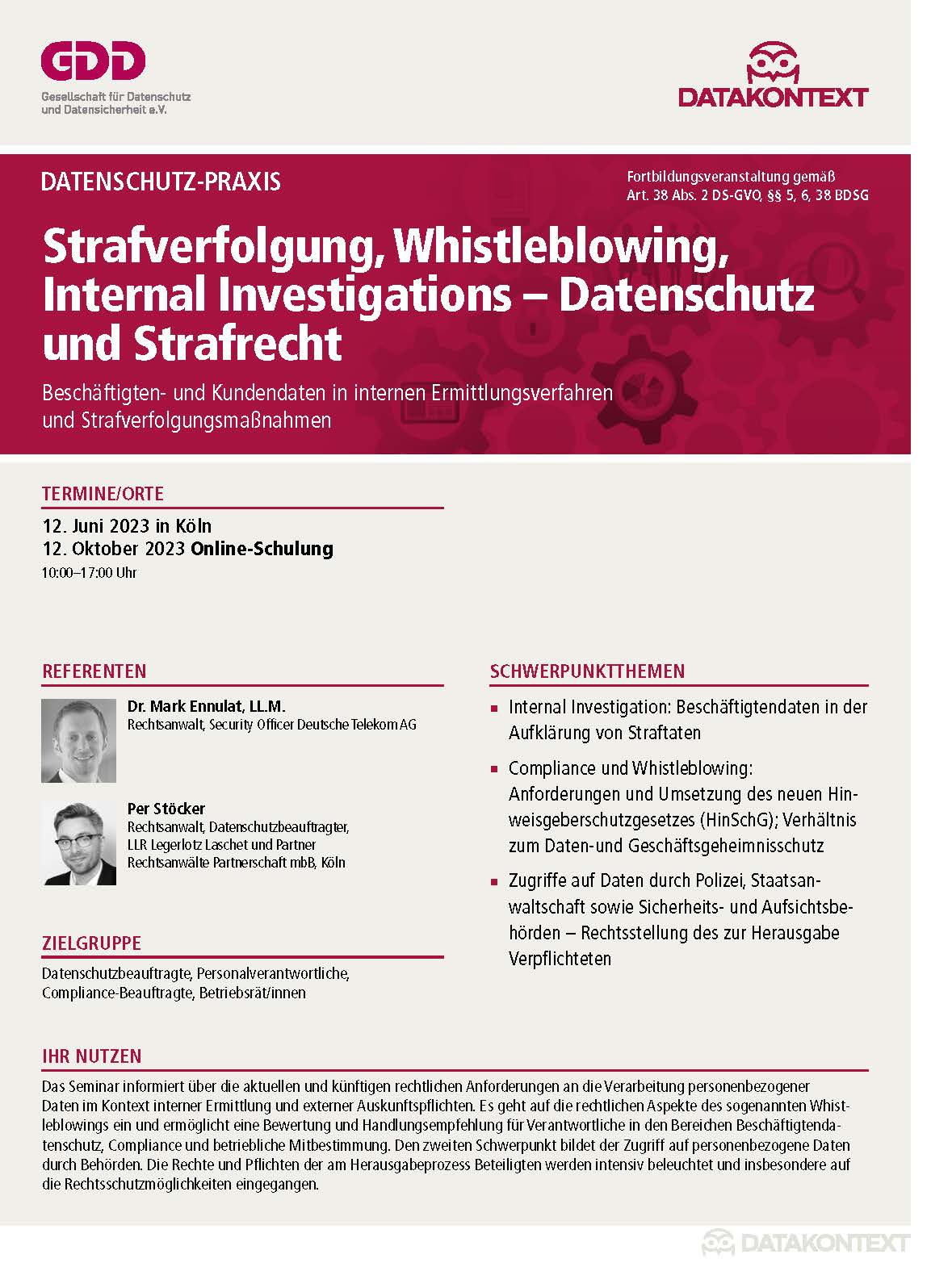 Strafverfolgung, Whistleblowing, Internal Investigations - Datenschutz und Strafrecht