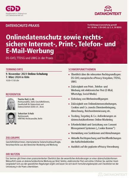Onlinedatenschutz sowie rechtssichere Internet-, Print-, Telefon- und E-Mail-Werbung